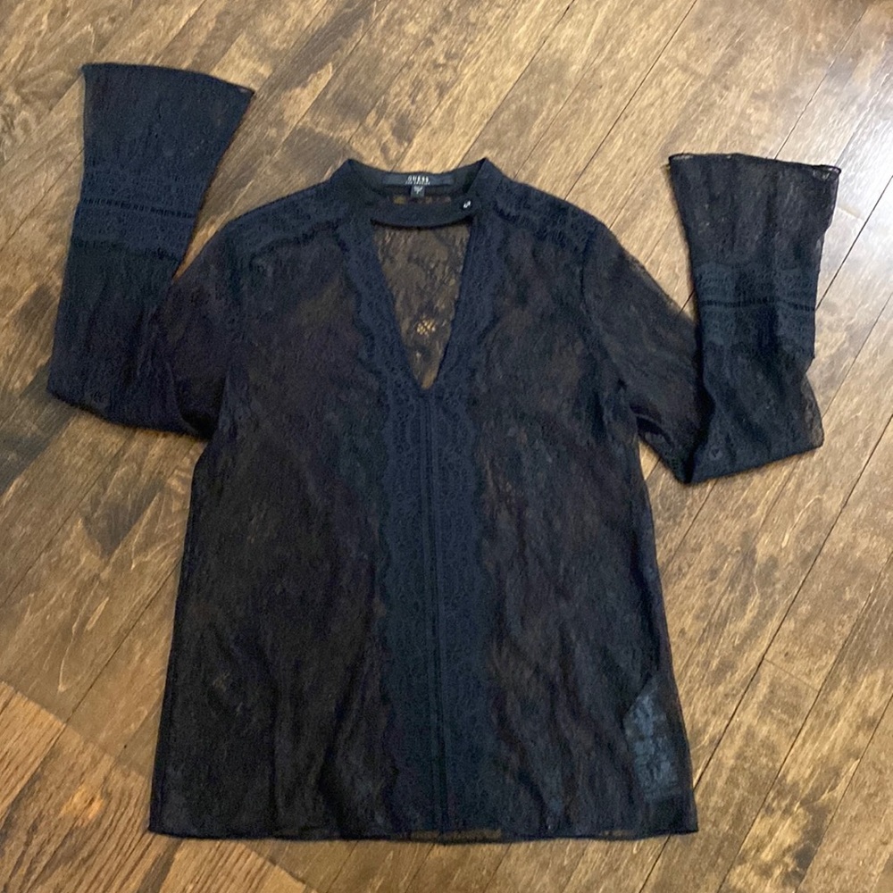 Guess Black Lace Top With Bell Sleeves